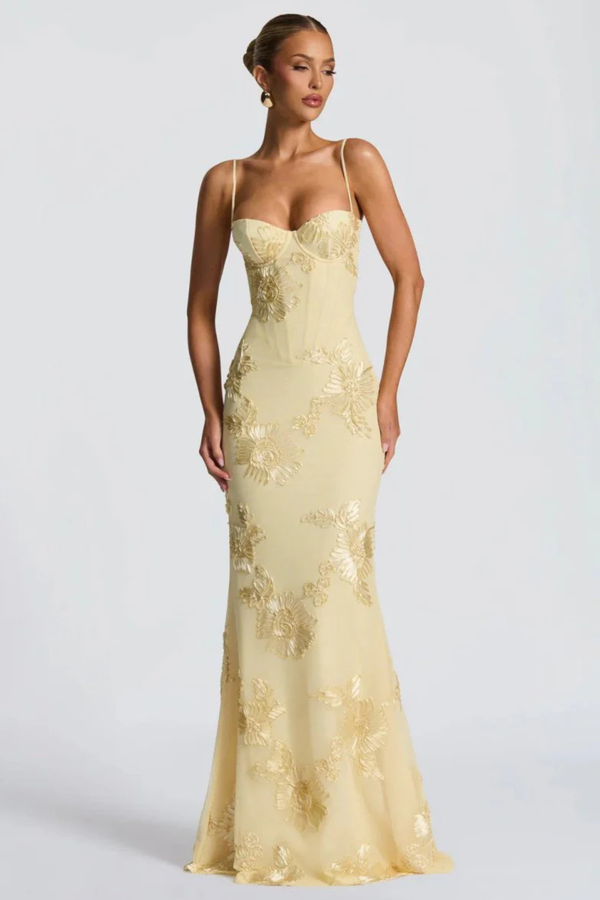 Anastasia | Women Floral Embroidered Corset Cami Strap Wedding Guest Maxi Dress