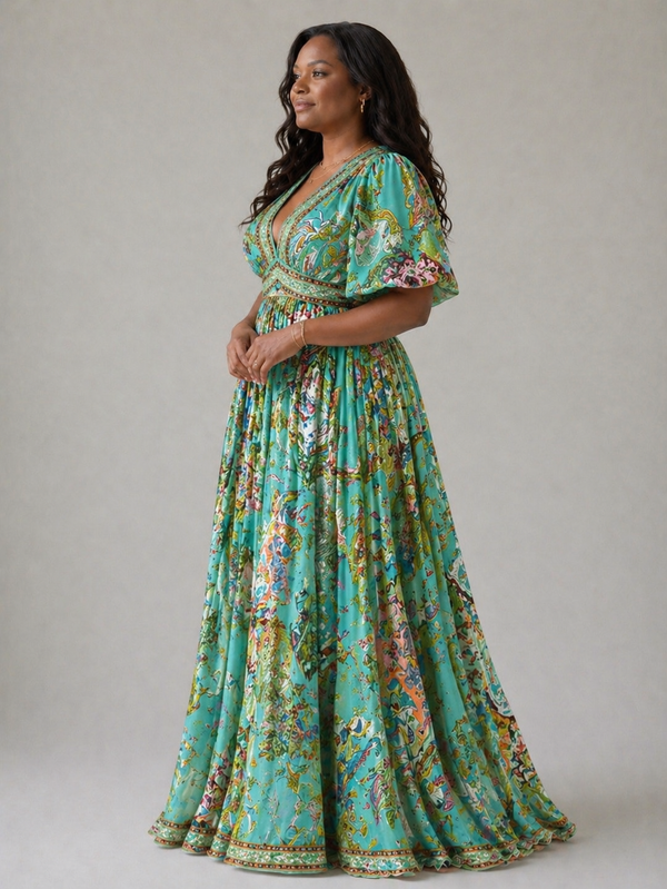 Violet & Grace | Airy Maxi Dress with Puff Sleeves and V Neckline