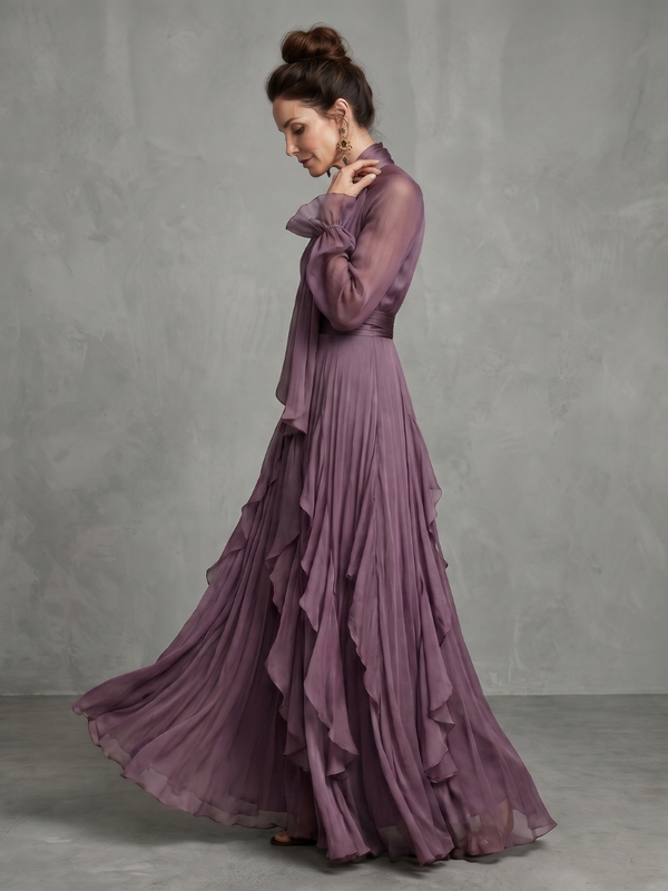 Demetria | Tiered Maxi Dress with Tie Neck and Ruffles