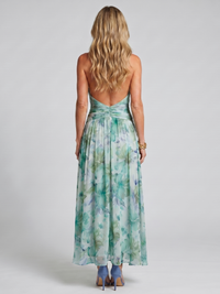 Portia | Pleated Halter Midi Dress with Soft Floral Pattern
