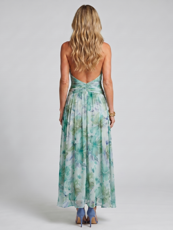 Portia | Pleated Halter Midi Dress with Soft Floral Pattern