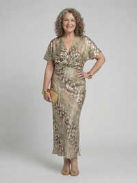Violet & Grace | Abstract Print Midi Dress with V Neckline and Twist Waist