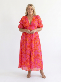 Violet & Grace | Floral Midi Dress with V Neckline and Puff Sleeves