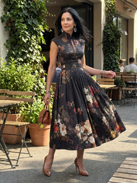 Greta | Pleated Floral Midi Dress with High Neck and Keyhole Cutout
