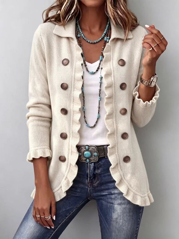 Victoire | Ribbed Knit Jacket in Ivory with Ruffles