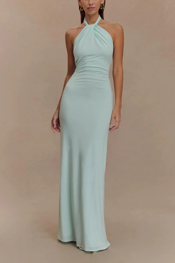 Bronte | Women Halter Neck Twisted Knot Open Back Bodycon Wedding Guest Maxi Dress