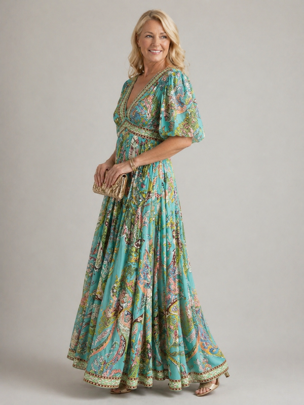 Violet & Grace | Airy Maxi Dress with Puff Sleeves and V Neckline