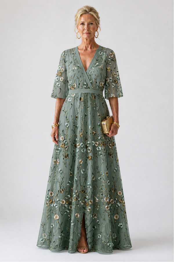 Violet & Grace | Floral Maxi Dress with V Neckline and Short Sleeves