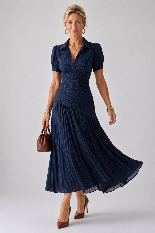 Theodora | Striped Midi Dress with Pleated Waist