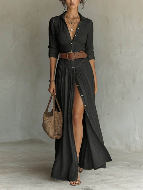 Constance | Long Maxi Dress with Notch Collar and Long Sleeves
