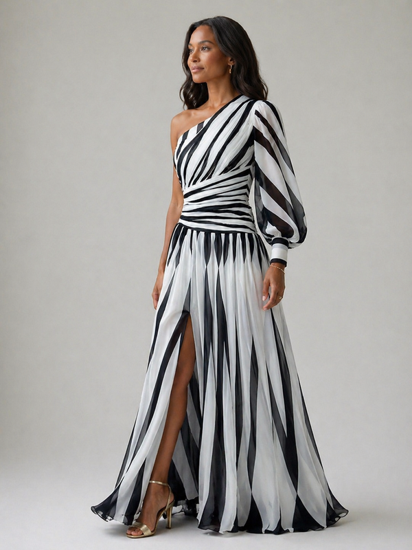 Violet & Grace | Elegant One-Shoulder Striped Maxi Dress