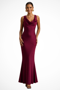 Isadora | Women Satin Cowl Neck Fitted Wedding Guest Maxi Dress