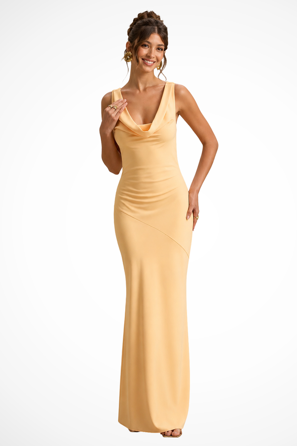 Isadora | Women Satin Cowl Neck Fitted Wedding Guest Maxi Dress