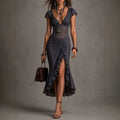 Corset Midi Dress | Lace Bodice, Ruching and Slit