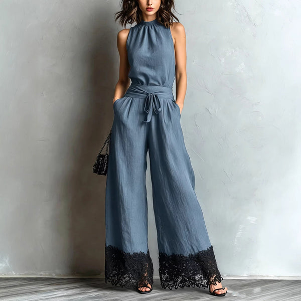 Ολόσωμη φόρμα από μπλε chambray με halter λαιμόκοψη και δαντέλα