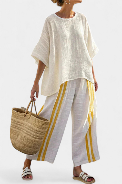 Freya | Women's Set with Yellow Striped Top and Linen Pants