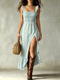 Μάξι φλοράλ φόρεμα με σφηκοφωλιά, πλάγιο προφίλ σιλουέτας