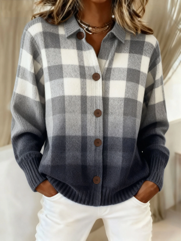 Agnes | Grey Plaid Cardigan with Buttons and Ombre Effect