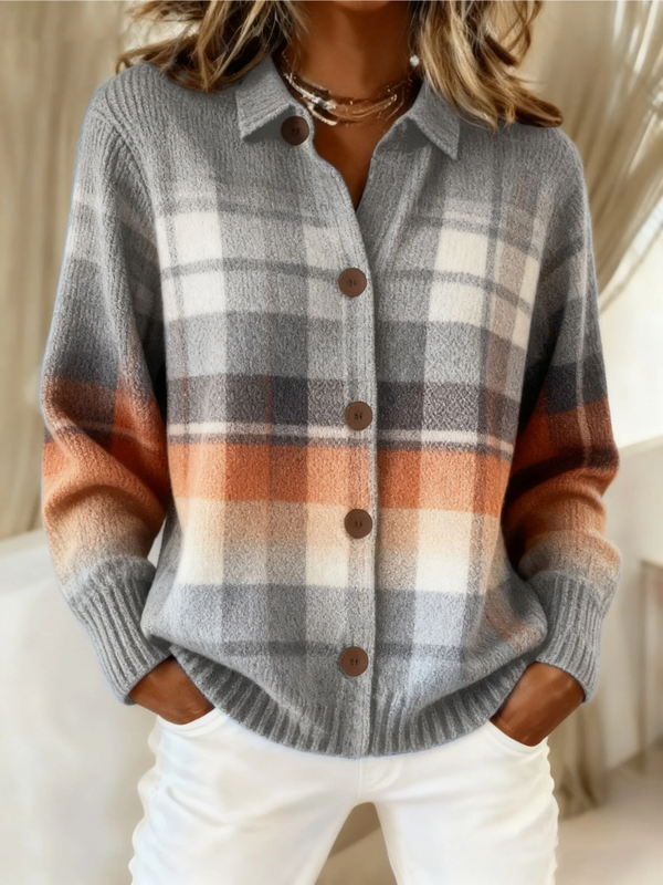 Marlene | Warm Plaid Cardigan with Ombre Effect