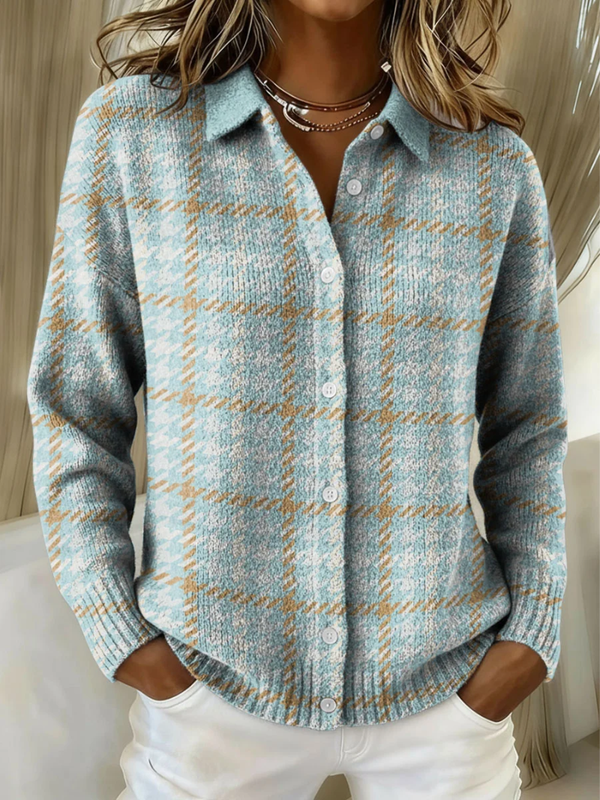 Clara | Light Blue Knit Plaid Cardigan with Front Buttons