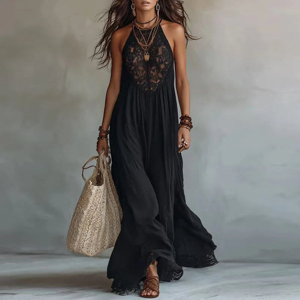 JADE | Lace Halter Maxi Dress with Open Back
