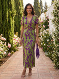 Long Silk Dress with Botanical Pattern in Olive and Purple