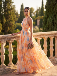 Μακρύ σατέν φόρεμα Aurora με λαιμόκοψη halter και σχέδιο ακουαρέλας