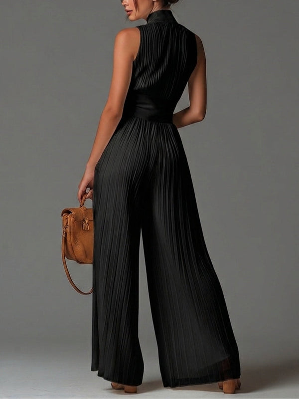 Victoire | Black Chiffon Jumpsuit with V Neckline and Wide Pleated Trousers