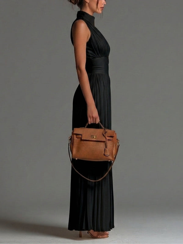Victoire | Black Chiffon Jumpsuit with V Neckline and Wide Pleated Trousers