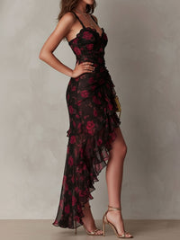 Rosalie | Black and Red Mini Floral Dress with Gathered Ruffle Hem