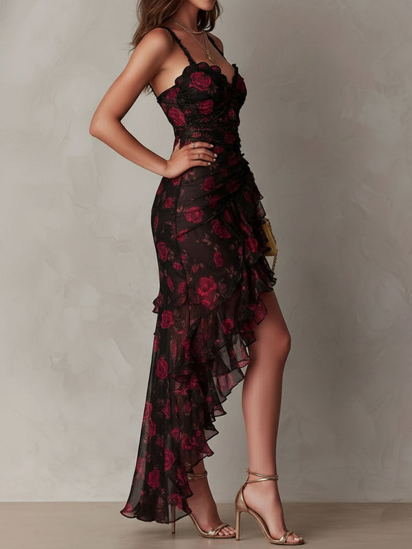 Rosalie | Black and Red Mini Floral Dress with Gathered Ruffle Hem