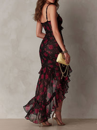 Rosalie | Black and Red Mini Floral Dress with Gathered Ruffle Hem