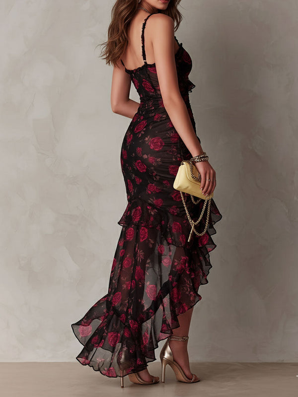 Rosalie | Black and Red Mini Floral Dress with Gathered Ruffle Hem