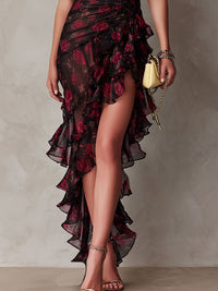 Rosalie | Black and Red Mini Floral Dress with Gathered Ruffle Hem