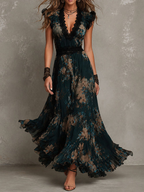 Athénaïs | Maxi Floral Chiffon Dress with Lace