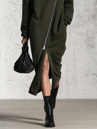 ARMY | ASYMMETRICAL HALF-ZIP FLEECE MIDI DRESS