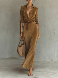 Corentine | Suede Maxi Dress with Notch Collar