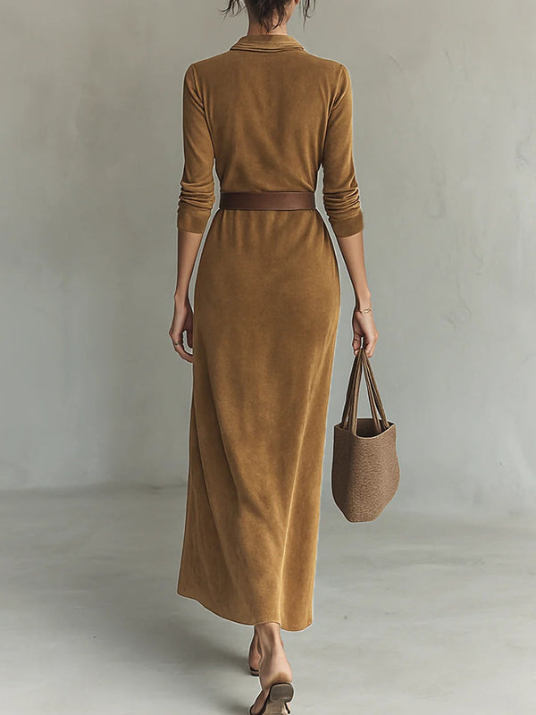 Corentine | Suede Maxi Dress with Notch Collar