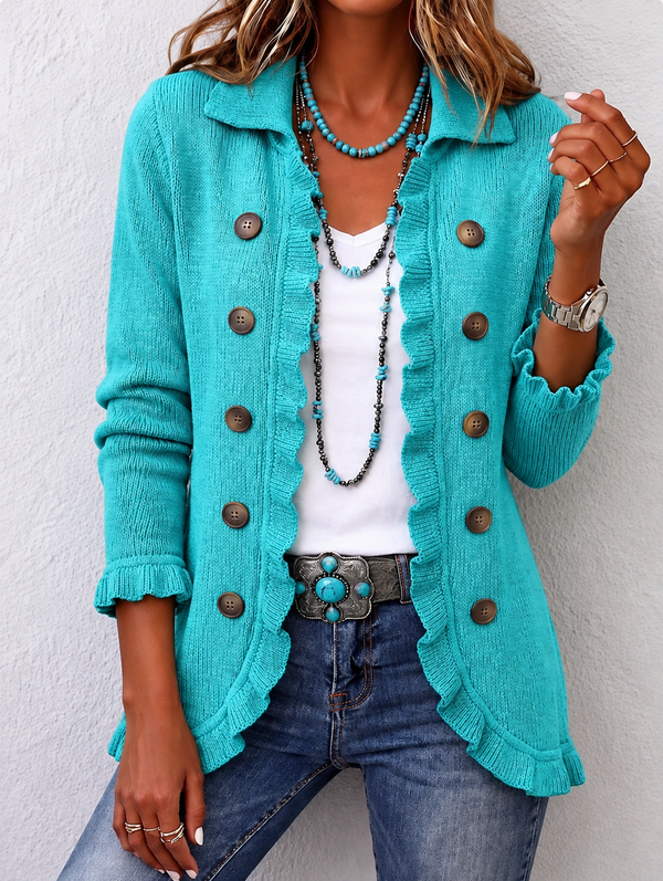 Sylvaine | Ribbed Knit Jacket in Turquoise with Ruffles