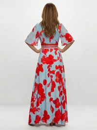 Floral Maxi Dress with V Neckline and Short Sleeves