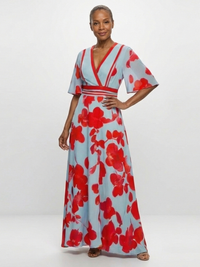 Floral Maxi Dress with V Neckline and Short Sleeves