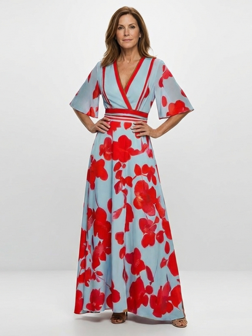 Floral Maxi Dress with V Neckline and Short Sleeves