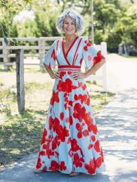 Floral Maxi Dress with V Neckline and Short Sleeves