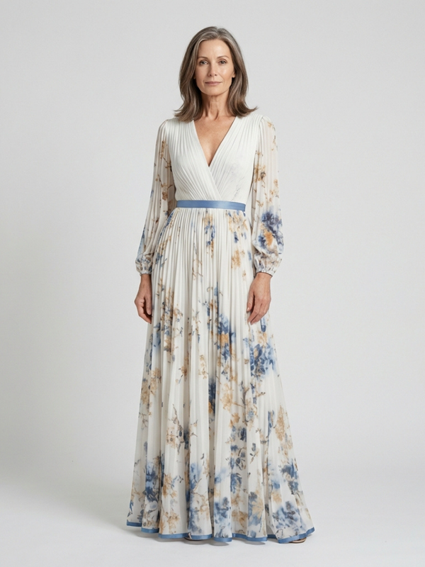 Violet & Grace | Floral Maxi Dress with Long Sleeves and V Neckline