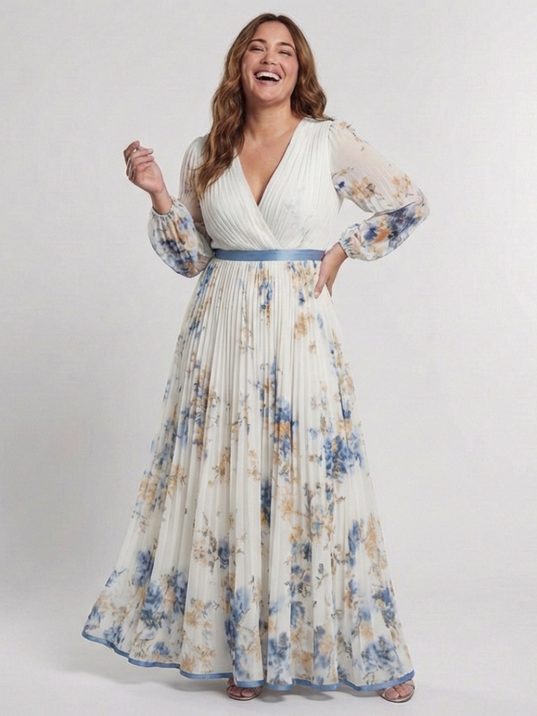 Violet & Grace | Floral Maxi Dress with Long Sleeves and V Neckline