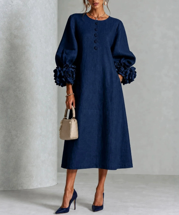 Chambray Denim Midi Dress with 3D Rosette Sleeves