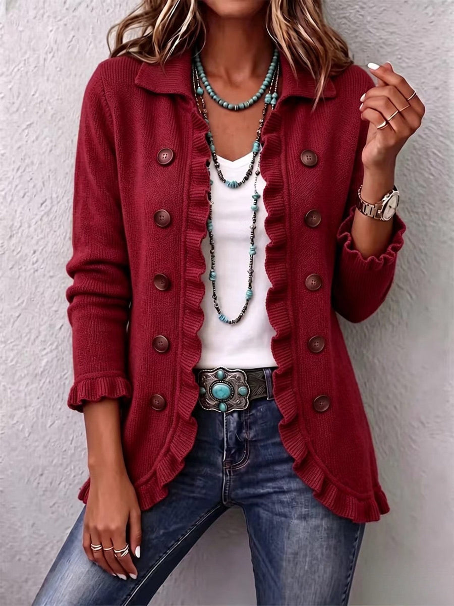 Marthe | Ribbed Knit Jacket in Ruby Red with Ruffles
