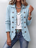 Perrine | Ribbed Knit Jacket in Powder Blue with Ruffles