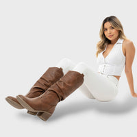 Women's Pleated Western Leather Boots with Block Heel