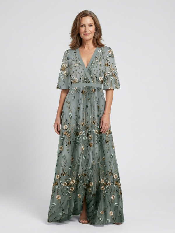 Violet & Grace | Floral Maxi Dress with V Neckline and Short Sleeves